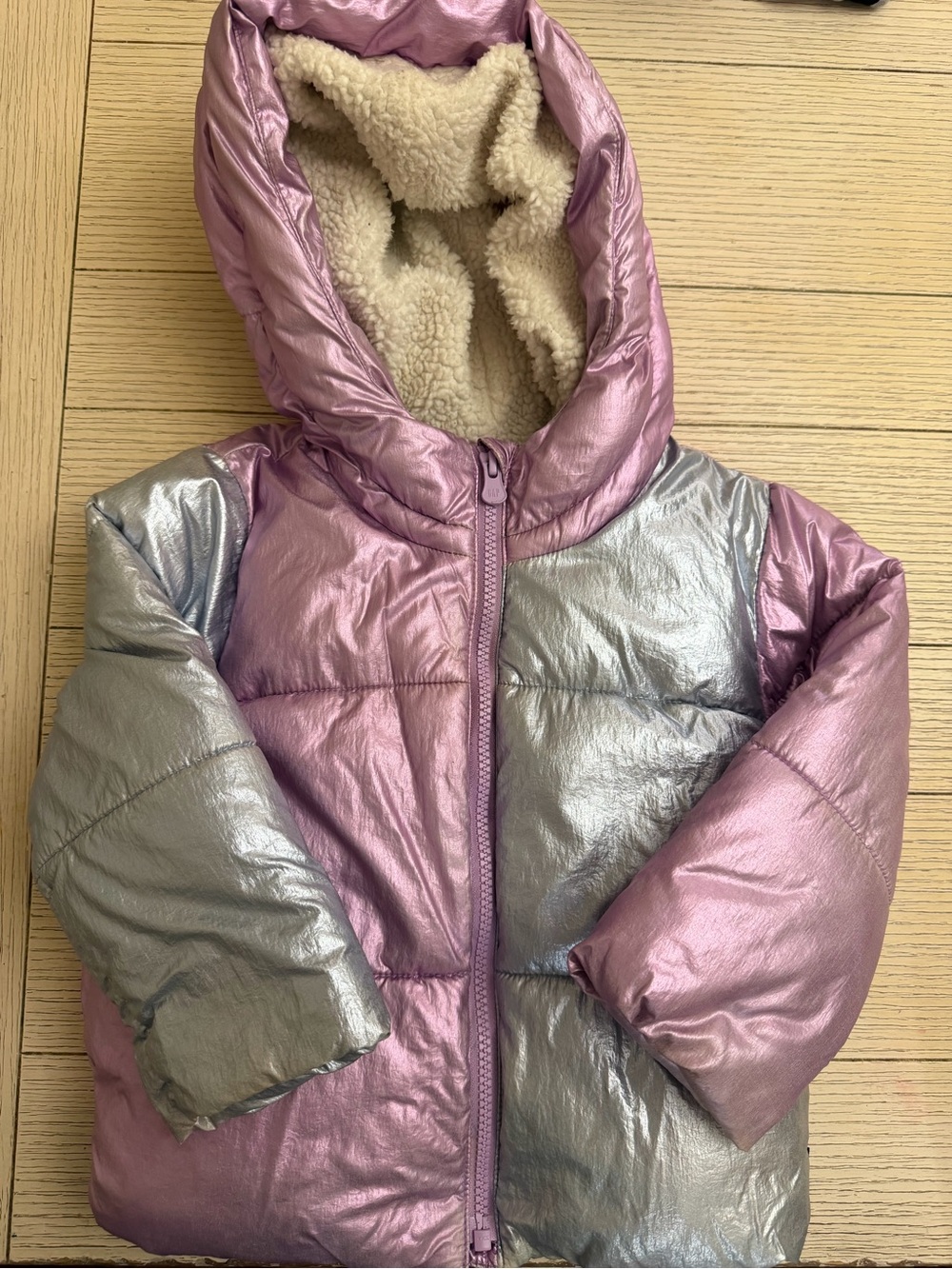 GAP Metallic Pink and Silver Sherpa-Lined Puffer Jacket with Hood